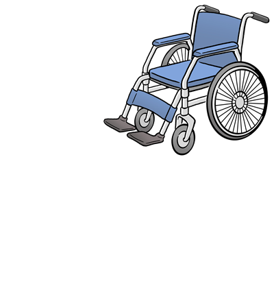 Ein blauer Rollstuhl ist abgebildet.