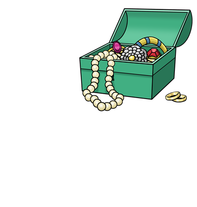 Schmuck, Wert, Wert-Voll, Altötting, Leichte Sprache, Foto Lebenshilfe für Menschen mit geistiger Behinderung Bremen e.V., Illustrator Stefan Albers, Atelier Fleetinsel, 2013 In einer Truhe liegt viel Schmuck. Das nennt man wertvoll.