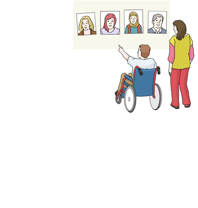 Selbstbestimmung, Wahl, Hilfe, Hilfsperson, Altötting, Leichte Sprache, Foto Lebenshilfe für Menschen mit geistiger Behinderung Bremen e.V., Illustrator Stefan Albers, Atelier Fleetinsel, 2013 Ein Frau hilft einer anderen bei der Wahl. Strichzeichnung.