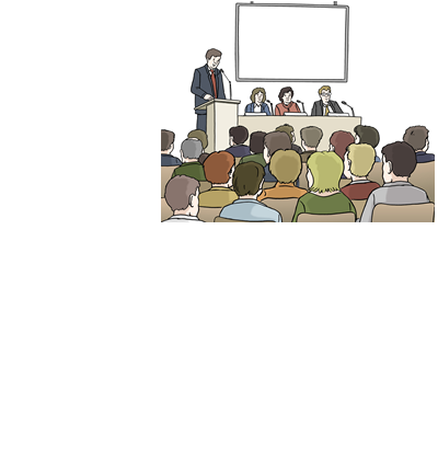 Ein Redner steht an einem Rednerpult und erklärt dem Publikum etwas. Das nennt man eine Tagung.