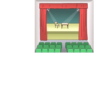 Theater, Aufführung, Kultur, Altötting, Leichte Sprache, Foto Lebenshilfe für Menschen mit geistiger Behinderung Bremen e.V., Illustrator Stefan Albers, Atelier Fleetinsel, 2013 Auf einer Bühne stehen ein Tisch und ein Stuhl im Rampenlicht. Die Möbel sind für ein Theater-Stück aufgebaut.