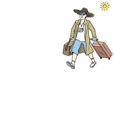 Ein Mann geht mit einem Koffer in der Sonne die Straße entlang. Er hat Urlaub.
