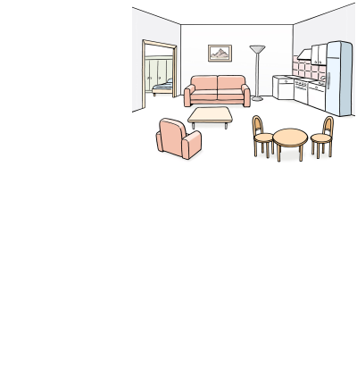 Man sieht ein Zimmer in einer Wohnung. Das Zimmer ist mit einem Sofa, Tisch, Stühlen und einem Regal eingerichtet. 