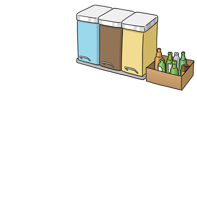 Müll, Abfall, Trennen, Altötting, Leichte Sprache, Foto Lebenshilfe für Menschen mit geistiger Behinderung Bremen e.V., Illustrator Stefan Albers, Atelier Fleetinsel, 2013 Es sind verchieden farbige Abfalleimer abgebildet. Das bedeutet, dass der Müll getrennt werden soll.