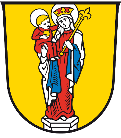 Das Stadtwappen von Altötting zeigt das Gnadenbild der Madonna auf gelben Hintergrund. 