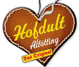 Hofdult Altötting, Das Original, Werbung und Druck Baumgartner Logo der Hofdult Altötting, Lebkuchenherz mit Aufschrift Hofdult Altötting, Das Original, Werbung Baumgartner