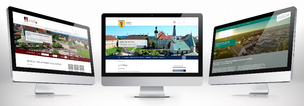 Das Bild zeigt die Home-Seiten der neuen Websites Stadt Altötting, Wallfahrts- und Tourismusbüro und Kultur + Kongress Forum Altötting