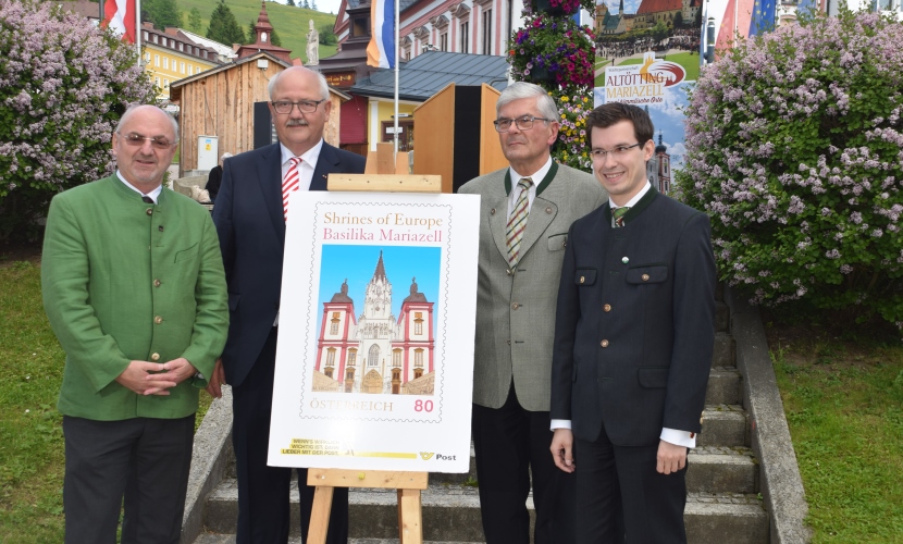 Gründung Städtepartnerschaft Altötting-Mariazell, Feier in Mariazell, Bürgermeister Altötting und Mariazell und 2 weitere Mitrabeiter aus Mariazell