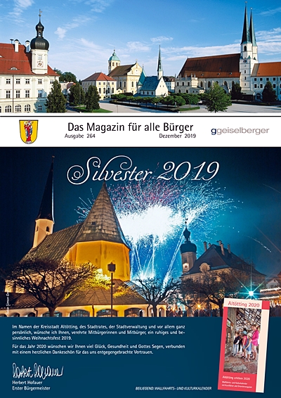 Titelseite Stadtblatt Altötting Dezember 2019, Ausgabe 264, Silvesterfeuerwerk auf dem Kapellplatz, Foto: Simon Graf