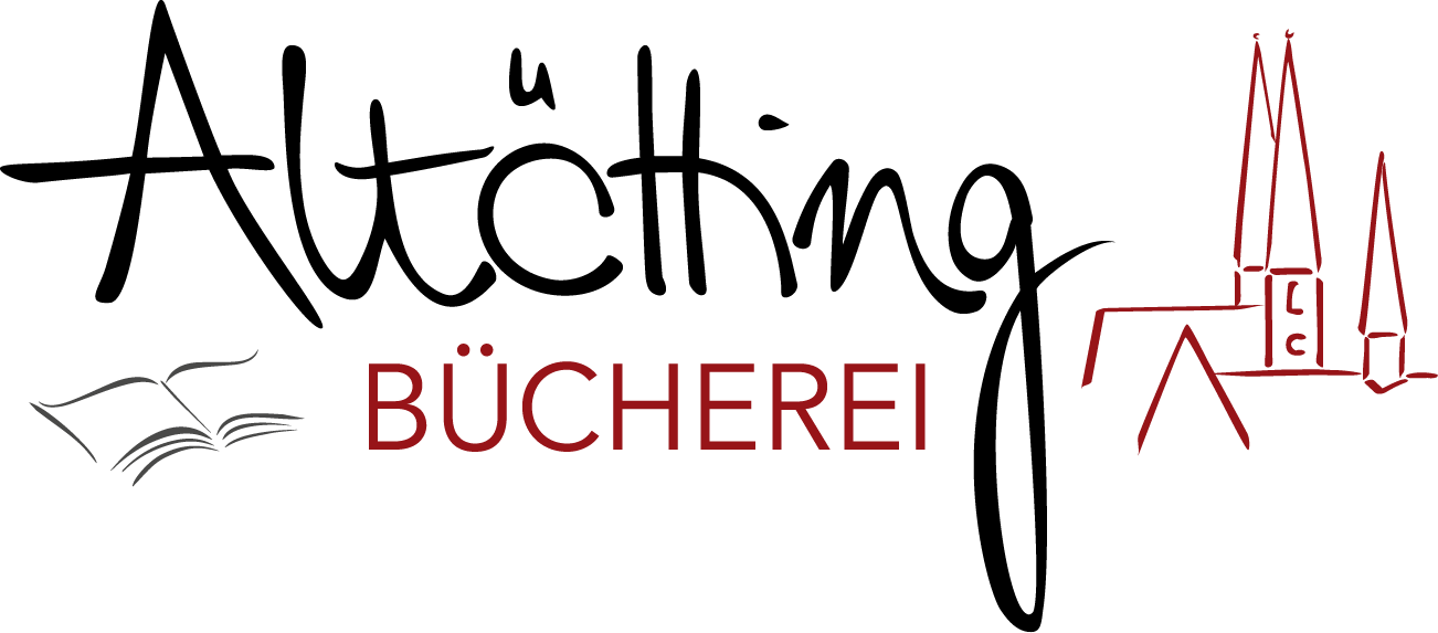 Logo der Stadtbuecherei Altoetting mit stilisiertem Buch und Kirchturmsilhouette
