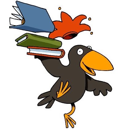 Antolin Westermann Stadtbücherei Altötting Rabe Antolin Westermann trägt ein einer Hand Bücher.