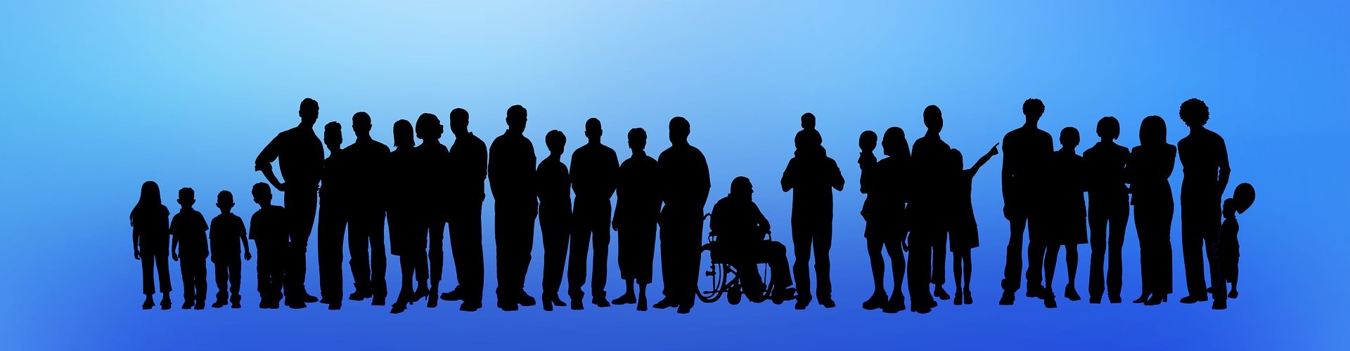 Eine Gruppe Menschen, Kinder, Erwachsene und Rollstuhlfahrer sind in schwarz auf blauem Hintergrund abgebildet.
