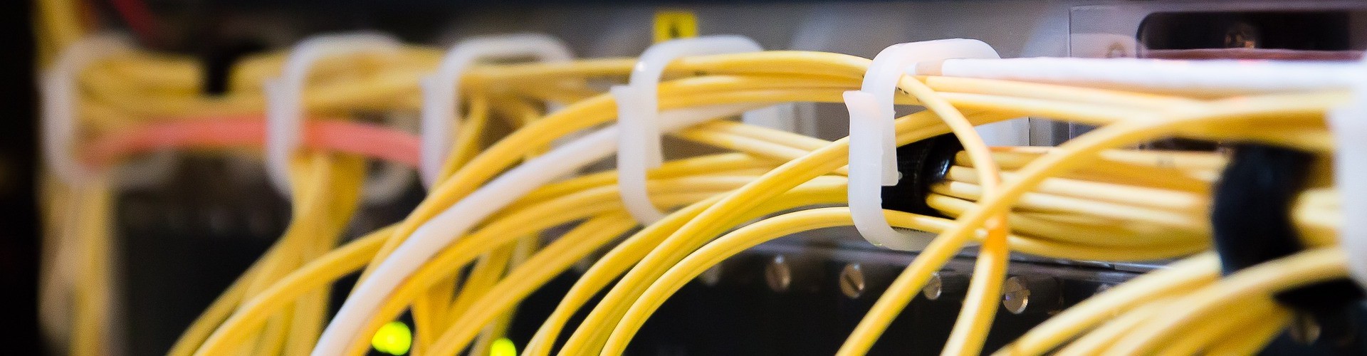 Viele gelbe Kabel führen in einen Computer oder Server.