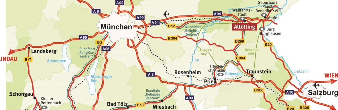 Sie sehen eine Routen Karte von Süd Bayern mit Oberammergau und Altötting.