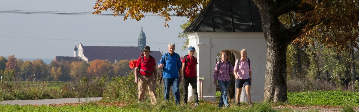 Eine kleine Pilgergruppe auf dem Wolfgangweg nach Altötting.