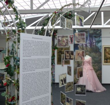 Bilder vom Märchen Dornröschen und ein rosa Prinzessinnenkleid im Hintergrund.