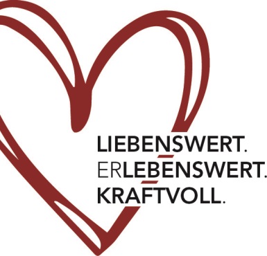 Herz Logo der Stadt Altötting mit Schriftzug Liebenswert, Erlebenswert, Kraftvoll