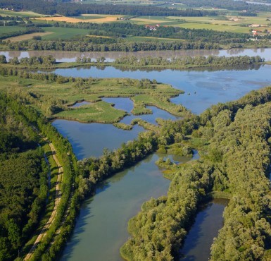 Blick auf das Naturschutzgebiet Unterer Inn, dem sogenannten Innspitz, wo die Salzach in den Inn fließt. 