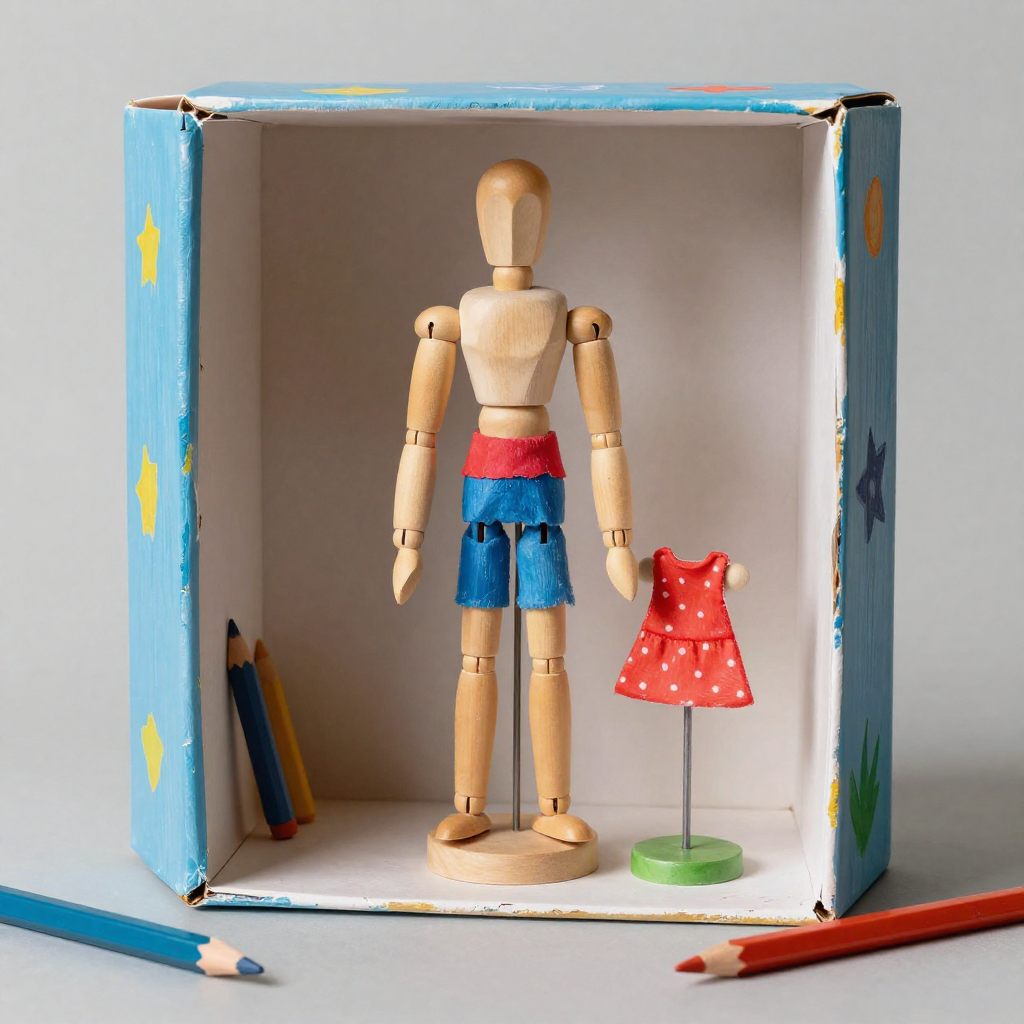 Gliederpuppe im Karton mit Buntstiften