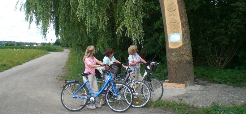 Radfahrerinnen auf dem Pilgerweg von Heiligenstatt nach Altötting, die an einem Pilgerbaum stehen.