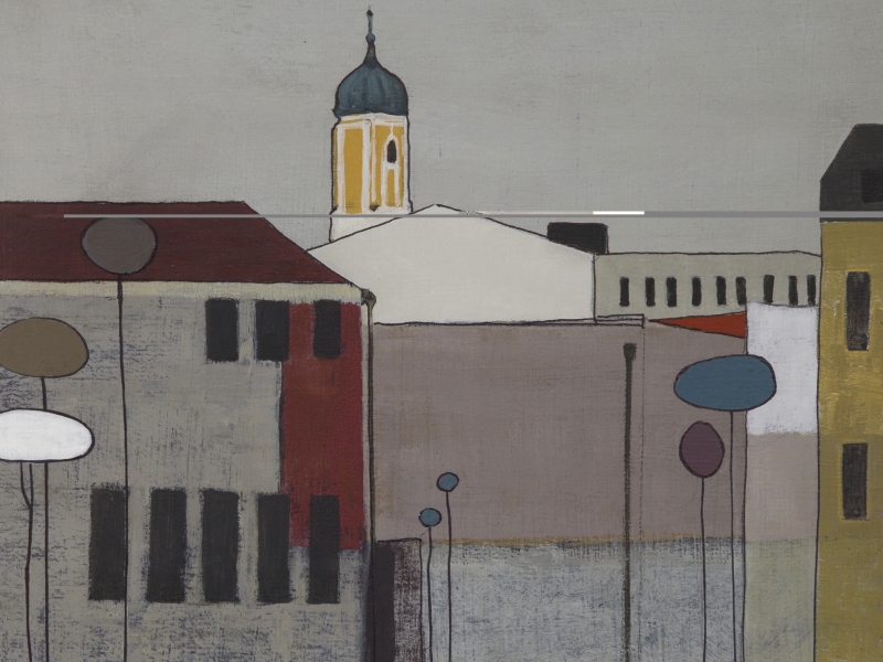 Ein Gemälde von Rudolf Beer, Ansicht auf eine Stadt mit Kirchturm hinter einer Häuserreihe.