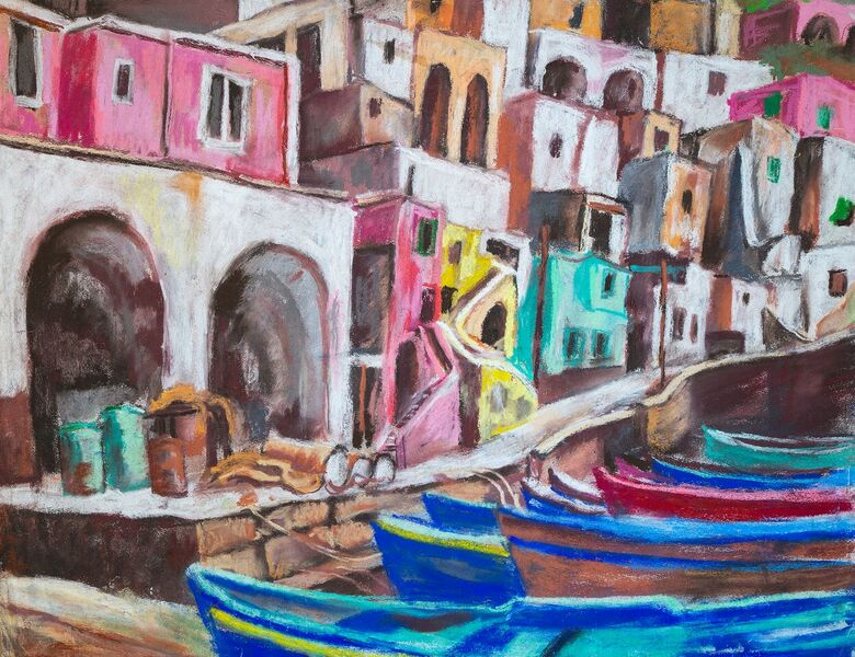 Ein Gemälde von Alexander Brandmeyer, Boote vor einer Häuserreihe