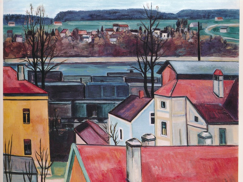 Ein Gemälde von Karl Nerud, eine Ansicht auf eine Stadt und einem Fluss.