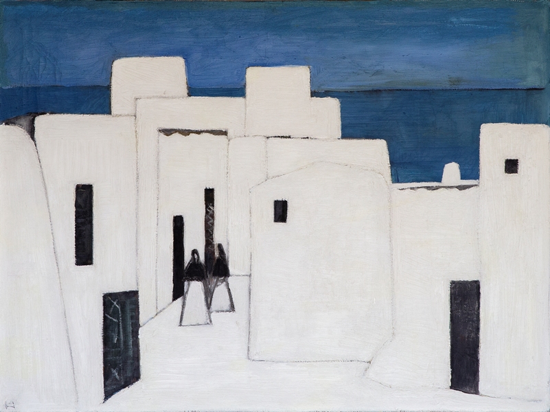 Gemälde von weißen Häusern auf blauem Hintergrund mit zwei Frauengestalten.