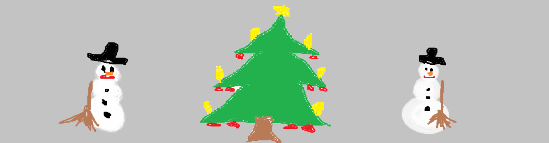 Hier sehen Sie ienen Christbaum und zwei Schneemanner gemalt