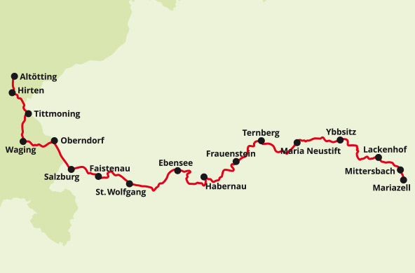 Eine Karte von dem Etappenverlauf des Via Maria Weg nach Altötting.