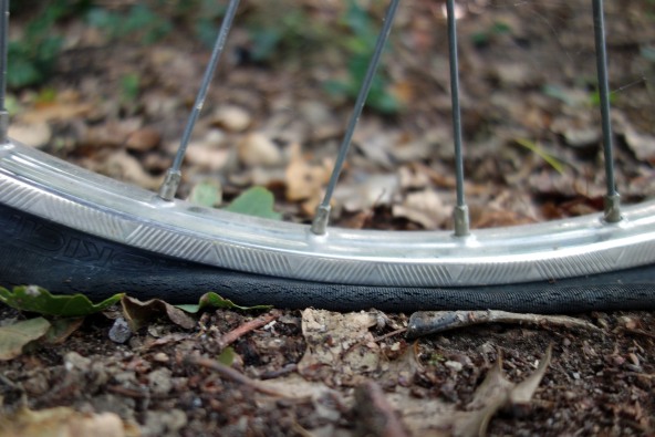 Eine Fahrrad Panne im Wald, bei der ein Reifen repariert werden muss.