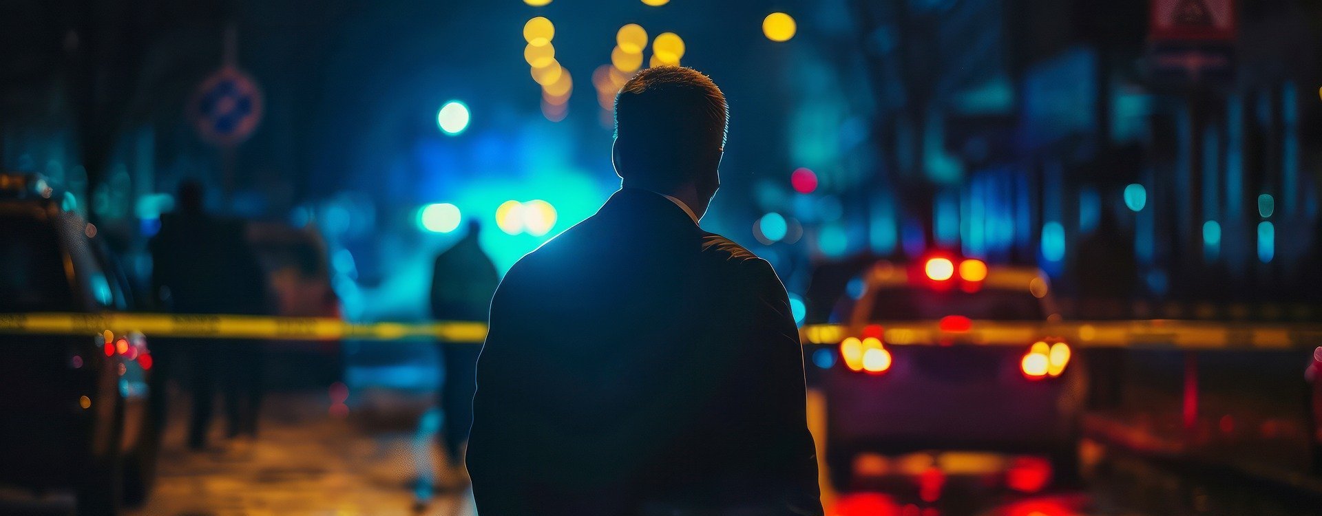 Polizist vor Tatort in der Nacht