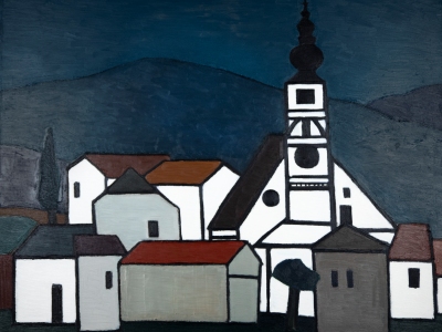Zeichnung einer Kirche mit Häusern auf dunklem Hintergrund. 