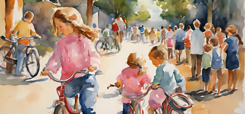 Kinder auf dem Fahrrad Aquarelle Illustration