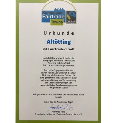 Stadt Altötting, Urkunde Fairtrade